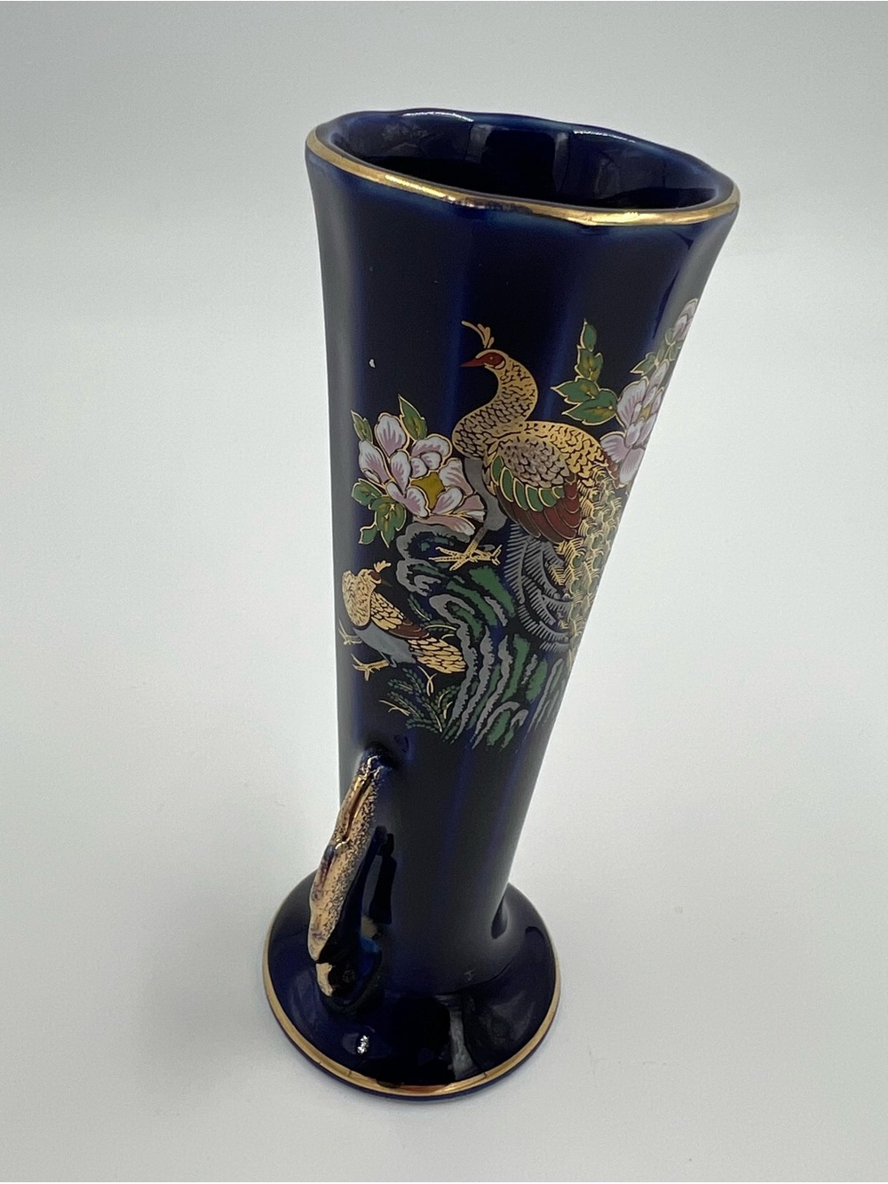 Vintage Cobalt Blue Peacock & Floral Gold Accents Bud Vase Japan 4.75” Tall